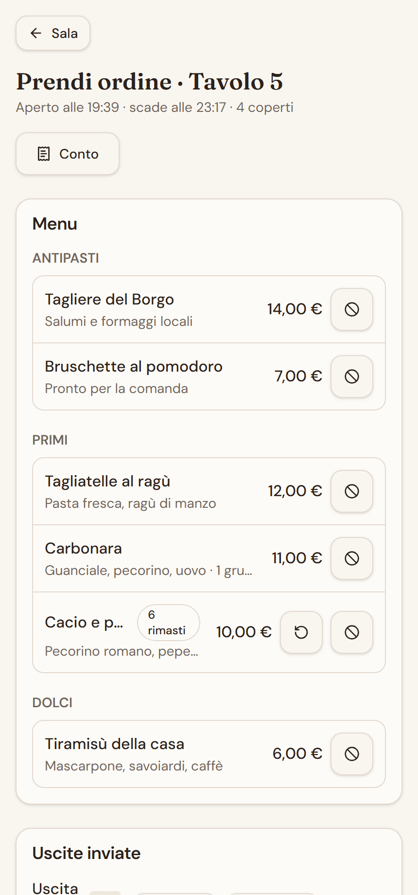 Presa comanda al Tavolo 5 di esempio, con menu e uscite inviate