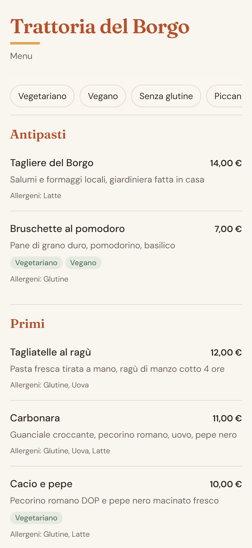 Menu digitale di esempio del ristorante «Trattoria del Borgo» su smartphone